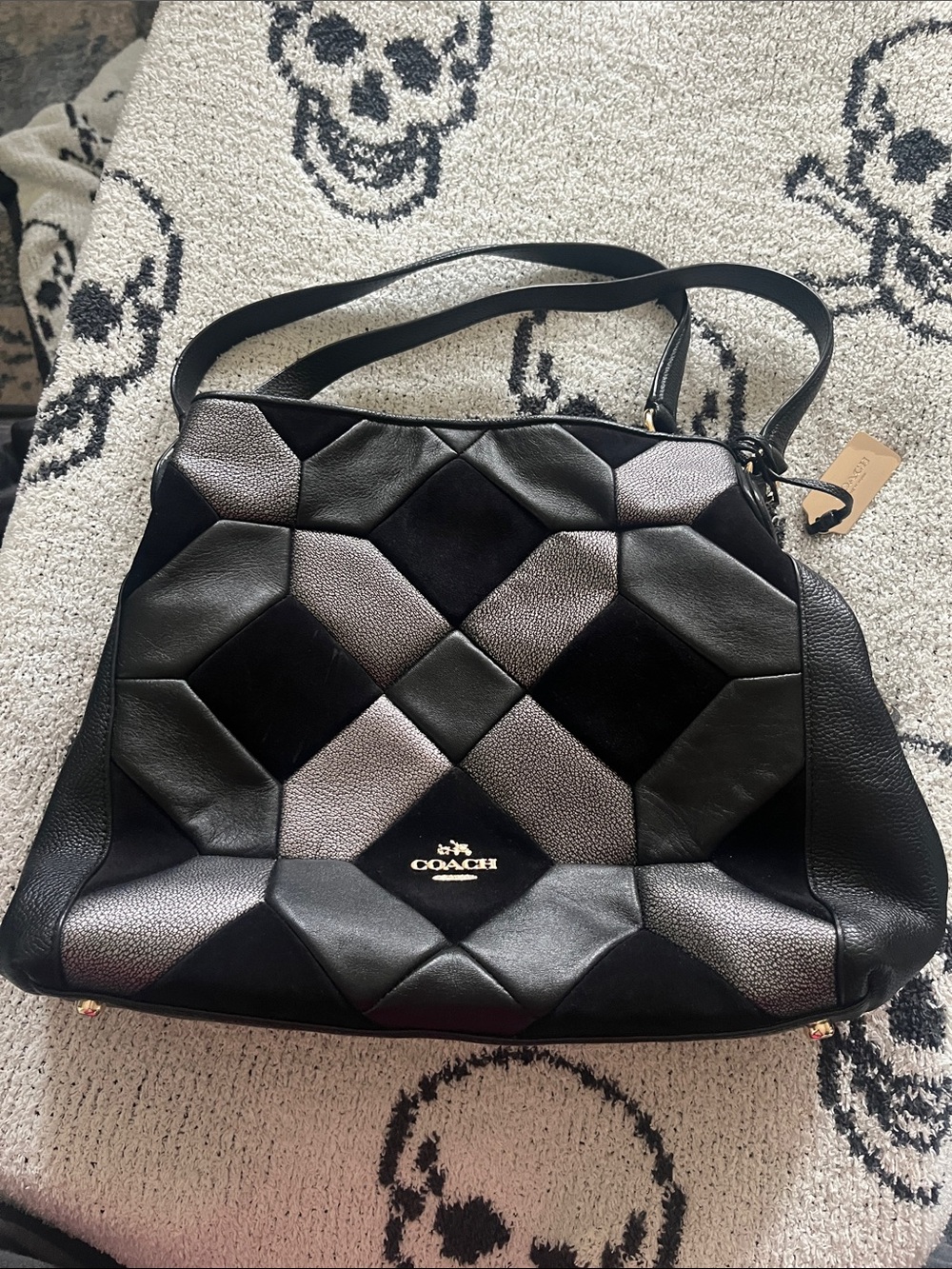 Coach Edie 31 Black Mixed Leather Suede Patchwork Shoulder Bag 36519